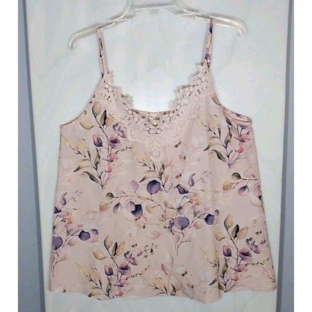 Bibi Pink Floral Lace Trim V Neck Cami Tank Top L Boho Cottagecore